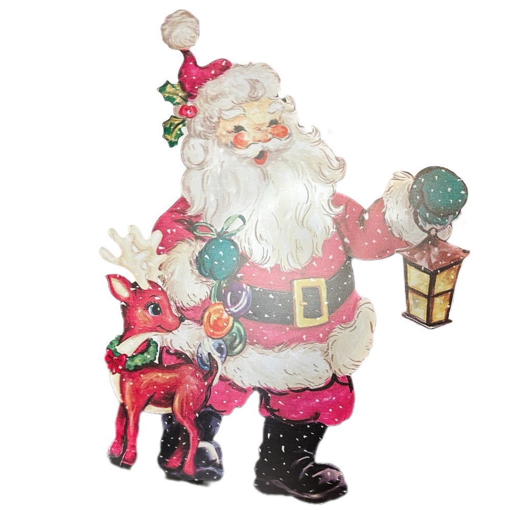 OLDFASHIONED VINTAGE-INSPIRED Santa in Pink Suit w/ Reindeer Tin Christmas Decor